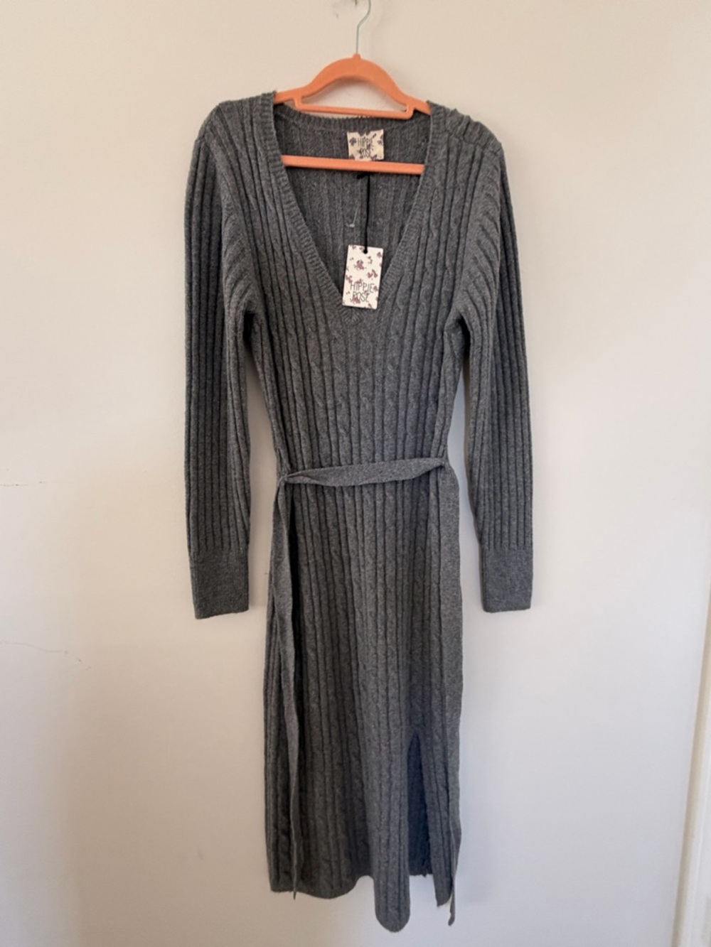Hippie Rose Ribbed V-Neck Long Sleeve Knit Dress - Gray